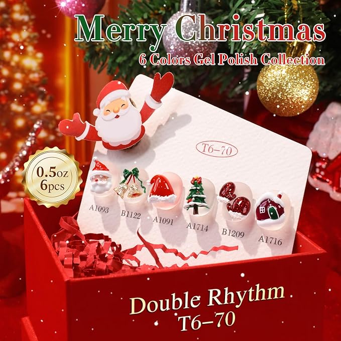 Double Rhythm 6 Pcs 15 ML Gel Polish Set Same Color Same Bottle Soak Off Gel Polish Kit Nail Art Manicure Salon DIY at Home for Women (Glitter Burgundy Red Gold Green White-T6-70)