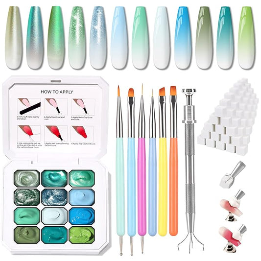 Chrismas Patting Gel Nail Polish Set, 12 Colors Glitter Green Blue Ombre Gel Polish Palette 100Sponges 6Brushes 1Grabber, Colors Blending Painting Art, No Wipe, UV/LED Cured (Set05)