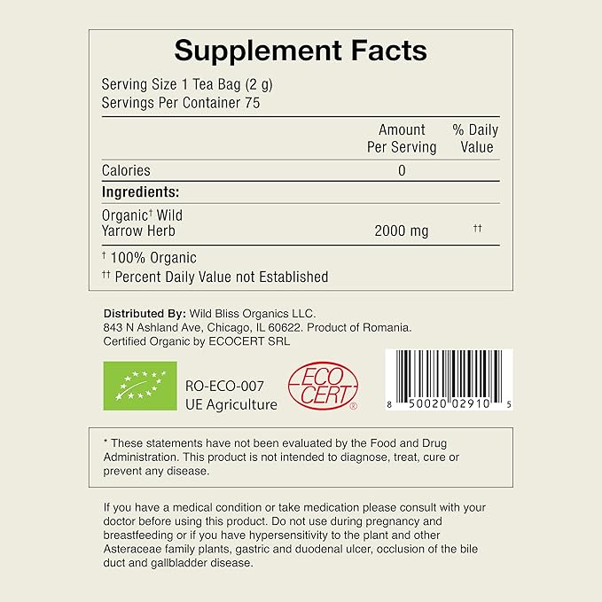 Organic Wild Yarrow Flower Herbal Tea - Caffeine Free - Pharmacopoeia Potency - 75 Plant Based Tea Bags