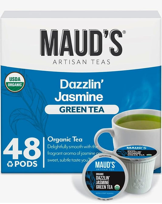 Maud's Organic Jasmine Green Tea Pods, 48 ct, Recyclable Single Serve Tea Pods – 100% Gourmet Blended Tea Leaves, Compatible with Keurig K Cups Maker