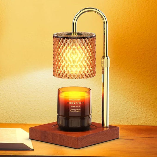 RAINBEAN Candle Warmer Lamp, Adjustable Height Electric Candle Warmer Light with Timer and Dimmer Vintage Wax Melter for Jar Candles Home Decor Gifts (Amber Glass and Walnut Wood)
