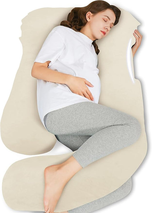 HIPHOP PANDA U-Shaped Pregnancy Pillow for Sleeping - Full Body Maternity Support Pillow with Cooling Removable Cover - Comfort for Back, HIPS, Legs, Belly - 57 Inch for Pregnant Women, Ivory
