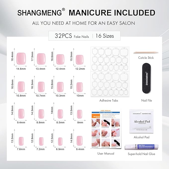 Pink Chrome Press on Nails Square - Soft Gel Press on Nails Short for Women Gift, Glossy Stick on Nails with Glue in 16 Sizes - 32 Reusable Fake Nails, Aurora Light Pink