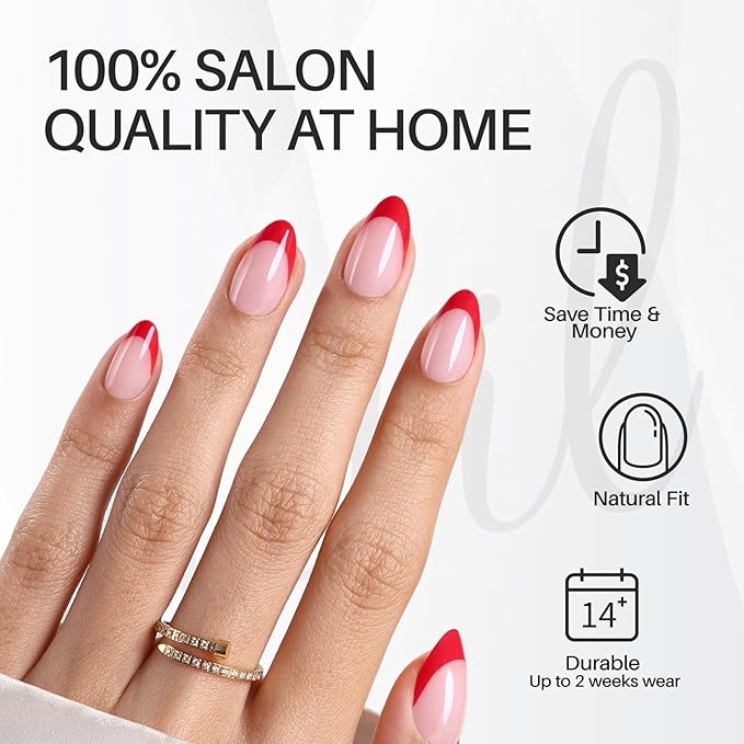 Red French Tip Press on Nails Short - Soft Gel Almond Nails for Women Gift, Fit Perfectly & Natural Glue on Nails with Glue in 16 Sizes - 32 Reusable Fake Nails, Red French