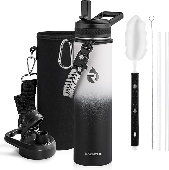 Insulated Water Bottle 24oz, Triple Wall Vacuum Stainless Steel (Cold for 48 Hrs, Hot for 24Hrs), Leak Proof & Non-BPA, 24oz Hydro Water Flask with Paracord Handle & Straw Spout Lids