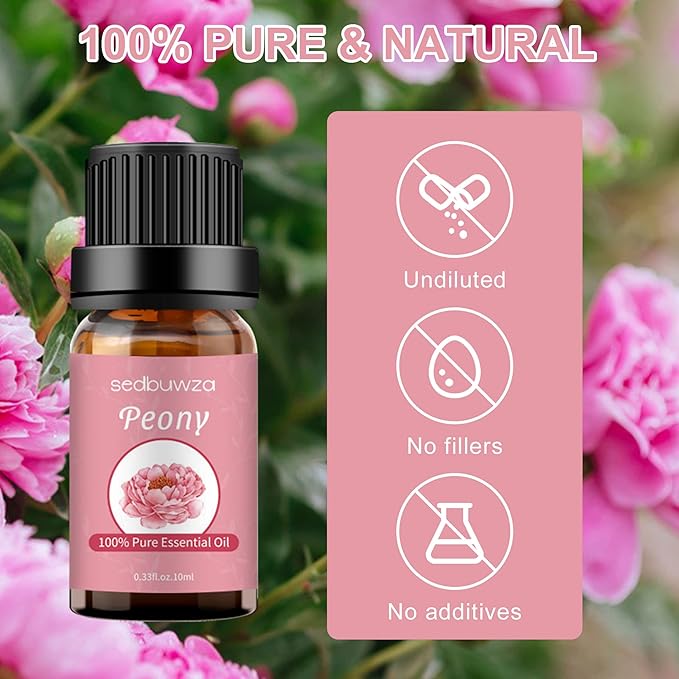 Sedbuwza Peony Essential Oil, Pure Organic Peony Fragrance Oil for Diffuser, Humidifier, Soap, Candle, Perfume
