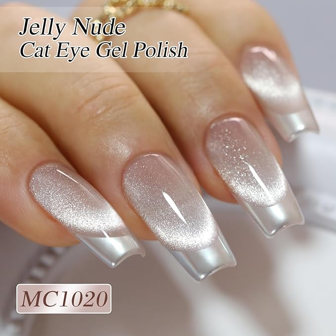 Double Rhythm Cat Eye Gel Polish with Magnet 15ML Holographic Glitter Shimmer Translucent Jelly Color 0.5 OZ Magnetic Gel Polish Salon DIY at Home (Nude-MC1020)