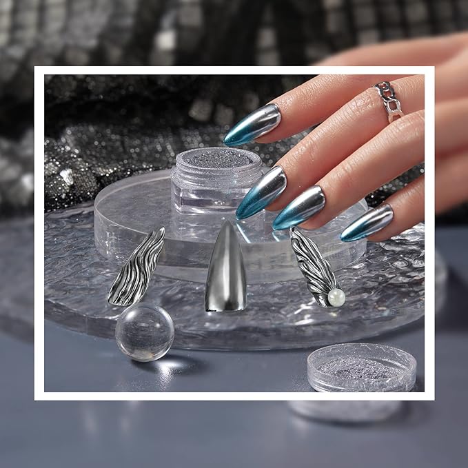 beetles Gel Polish Sliver Chrome Nail Powder, Mirror Metallic Effect Premium Salon Nail Glitter Manicure Pigments for Nail Art Design, 0.04oz/1g