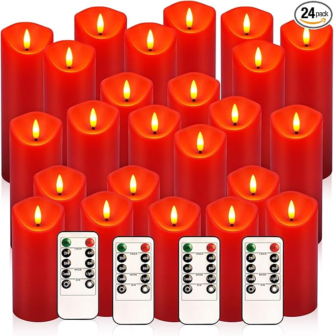 24 Pack Christmas Decoration Flickering Flameless Candles,LED Candles Battery Operated Pillar Candles with Remote Control.for New Year, Home Decor, Parties,Wedding(D2.2 xH 5" 6" 7" Red)