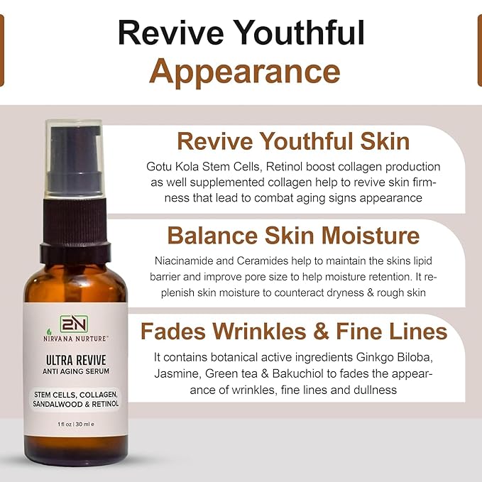 Ultra Revive Anti Aging Serum Reduce Wrinkles, Fine Lines, Tightening Skin, Boost Skin Firmness, Hydration – Centella asiatica Stem Cells, Collagen, Sandalwood, Bakuchiol, Retinol