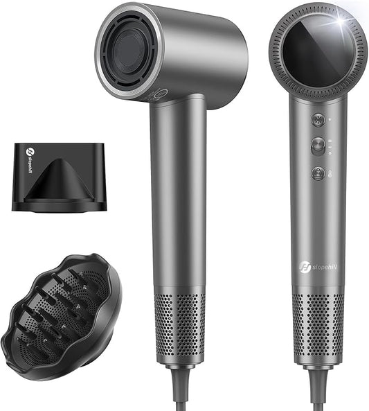 slopehill 160,000 RPM Professional Hair Dryer - 0.8lb Ultra-Lightweight, 6 Billion Ion Technology for 98% Frizz Reduction, AI Smart-Temp Control, Magnetic Attachments for All Hair Types (Dark Grey)