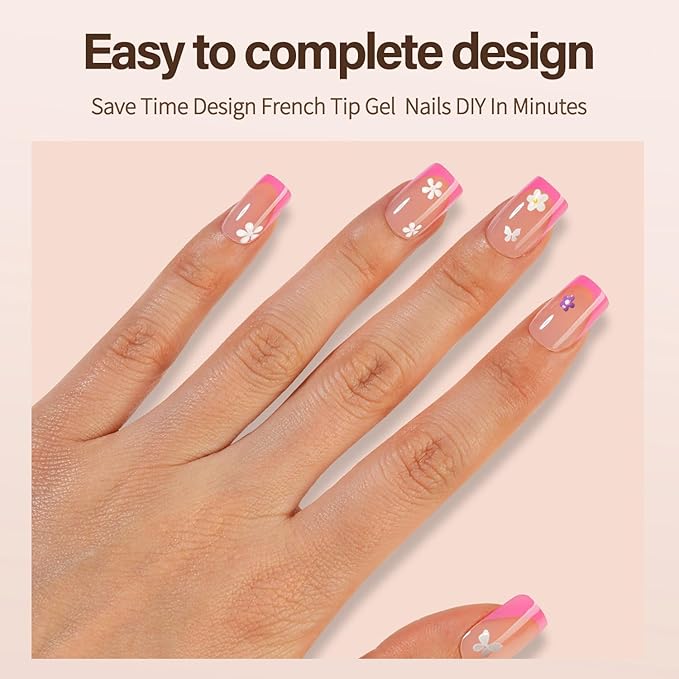 300Pcs French Gel Nail Tips, Vansiho Short Square Nail Tips, Pink Pre-French Tips Press on Nails, Acrylic Fake Nails for Nail Art DIY 15 Sizes