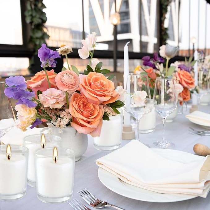 Set of 48 White Votive Candles,Unscented Candles Filled in Clear Glass,Ideal Gift for Weddings,Emergency Lighting,Aromatherapy,Holidays,Meditation,Parties