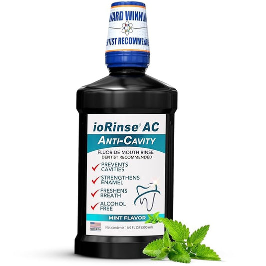 ioRinse AC Anticavity Fluoride Mouthwash - Alcohol-Free Molecular Iodine Mouth Wash Fights Tooth Decay & Protects Enamel - Safe Mint Rinse for Sensitive Mouths - Potent Bad Breath Protection 16 oz