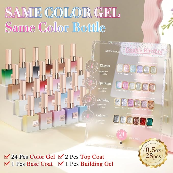 Double Rhythm 28Pcs 0.5Oz Glitter Gel Nail Polish Set Same Color Same Bottle Soak Off Kit Nail Art Manicure Salon DIY at Home (Sparkle Pearl Shimmer Collection-T24-9)