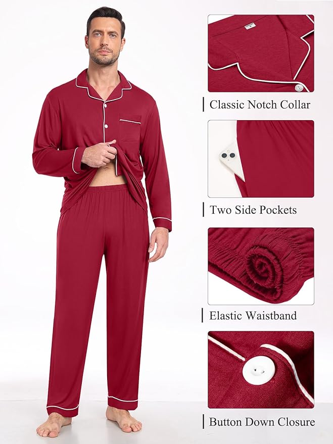 Men Modal Pajama Set Long Sleeve Pjs Button Down Sleepwear Soft Comfy Loungewear Sets 2 Piece Nightwear S-3XL