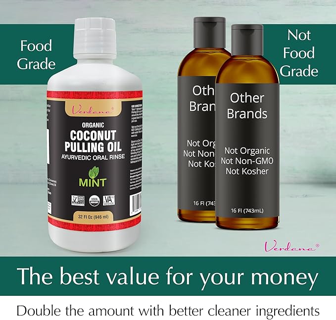 Verdana Organic Oil Pulling for Teeth & Gums – 32 oz Mint – USDA Organic Coconut Pulling Oil Rinse – Alcohol-Free, Fluoride-Free – Natural Mouthwash for Fresh Breath, Gum Health & Oral Detox