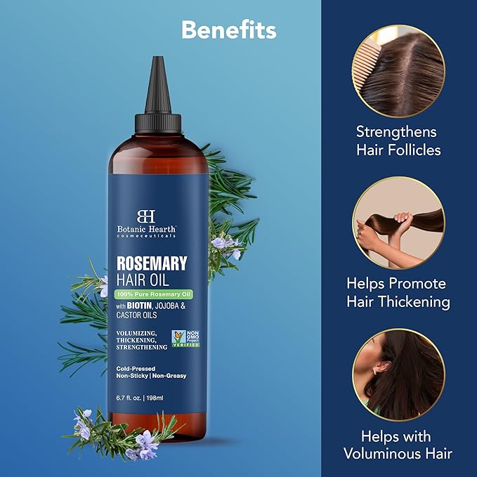 Botanic Hearth 100% Pure Rosemary Oil For Hair Growth | Infused with Biotin, Jojoba, Castor Oil | Hair Oil Repairs Dry Damaged Hair, Strengthening, Healthier - Hair Tonic, 6.7 fl oz (pack of 2)
