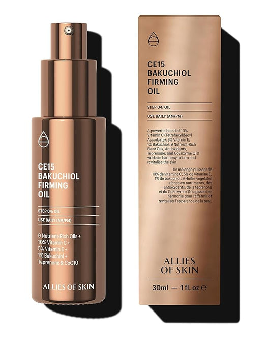 Allies of Skin CE15 Bakuchiol Firming Oil: Firming Facial Oil with 10% Vitamin C, 5% Vitamin E, 1% Bakuchiol Retinol, 3% Renovage™. 30 ml/ 1 oz