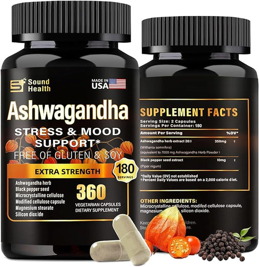 SoundHealth Organic Ashwagandha Capsules Supplement - 7000mg Herb Powder Equivalent per Serving - Immune Support, Hormone Balance - Enhanced Nutrient Absorption - 360 Capsules (180 Servings)
