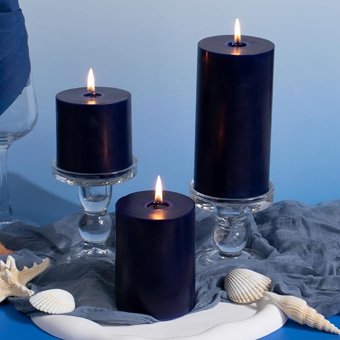 KONNI Navy Blue Pillar Candles Set of 3, 3"x 3" Unscented Pillar Candles Bulk, 30 Hours Long Burning Candles, Smokeless&Dripless Large Round Candle for Wedding, Home Decoration, Parties, Spas, Dinner