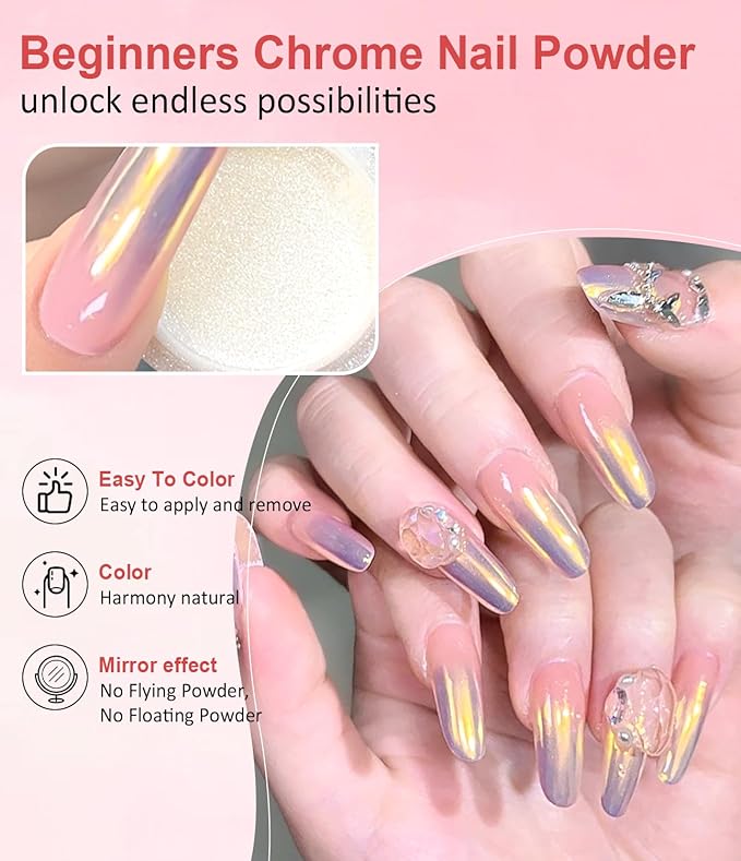 Gold Chrome Nail Powder BISHENGYF -【Magic Mirror Effect】 Pearl Chrome Nail Powder Aurora Mermaid Iridescent White Roas Gold Nail Chrome Powder Pigment Glitter Dust for Manicure Decroation DIY
