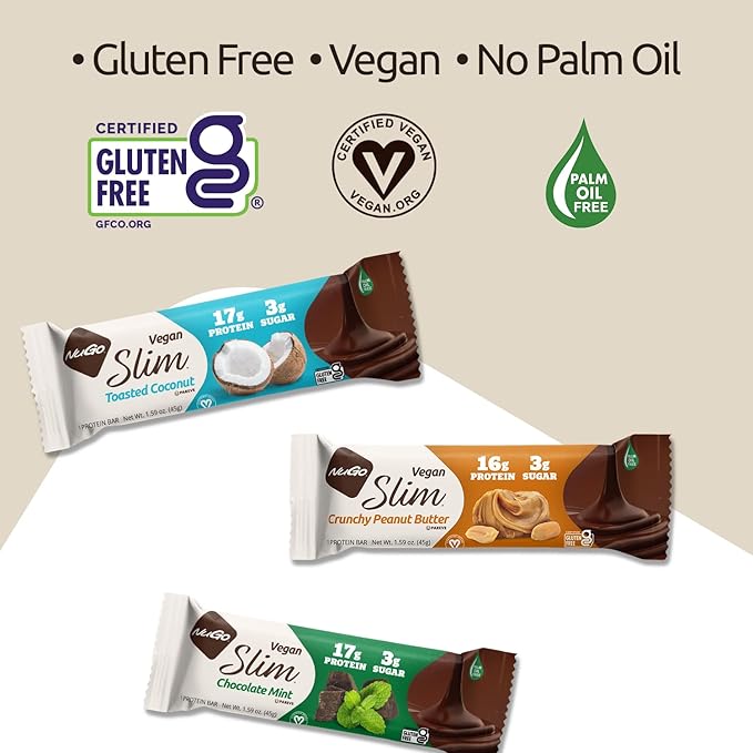 NuGo Slim Dark Chocolate Mint, 17g Vegan Protein, 3g Sugar, 6g Fiber, Low Net Carb, Keto Friendly, Gluten Free, 12 Count
