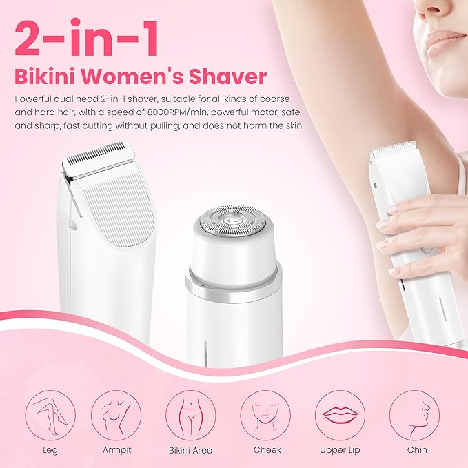 Bikini Trimmer for Women-2 in 1 Dual Head Electric Razors,IPX7 Waterproof Bikini Electric Shaver,Dry & Wet Use Painless Bikini Shaver,Pubic Hair Trimmer for Private Area & Body Hair,White