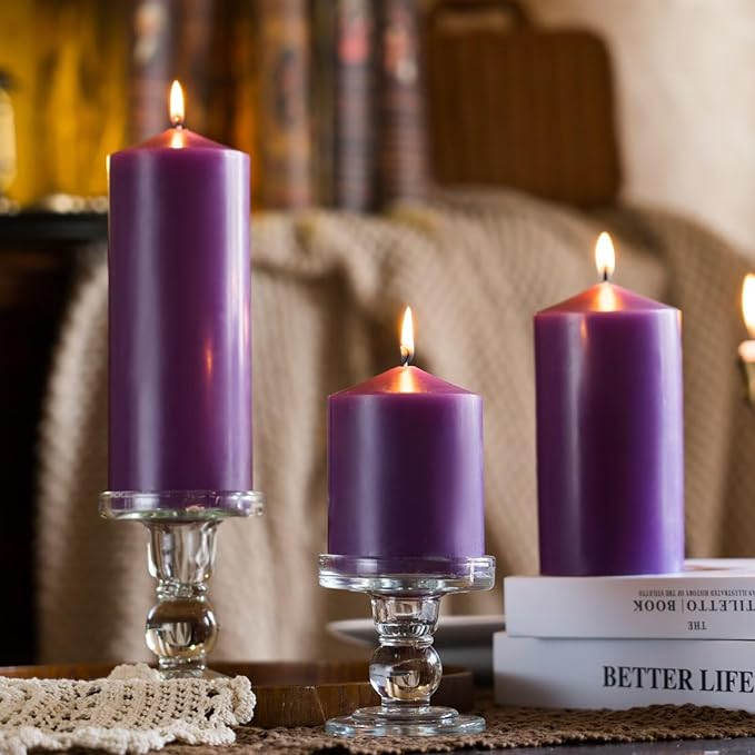 MOZEAL 3" x 8" Hand-Poured Unscented Candles,Large Purple Pillar Candles Set of 2,No Drip,Approx 120 Hours Long Burning,Wedding,Dinner,Christmas and Home Decor（3 Inch Diameter 8 Inch Height）