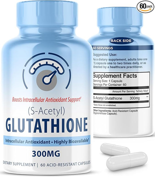 S-Acetyl L-Glutathione 300mg – 60 Acid-Resistant Capsules, High Bioavailability S Acetyl Glutathione Supplements for Liver & Skin Health, Supplement Antioxidant Support Capsules