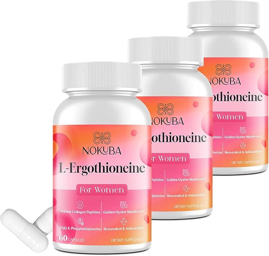 L-Ergothioneine with Mushroom Supplement for Women | Skin Care, Brain, Immune, Cognitive Support, Oyster Mushrooms, Collagen Peptides, PQQ, Resveratrol | 180 Capsules
