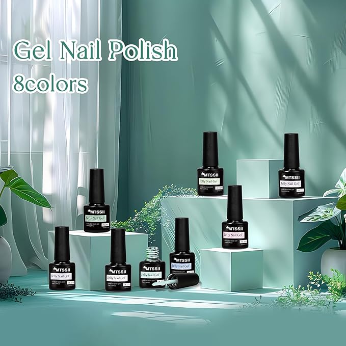 MTSSII Jelly Green White Gel Nail Polish Set, 8 Transparent Colors Sheer Gel Nail Kit for Salon Sage Green Gel Manicure and Nail Art DIY at Home for Girls Women