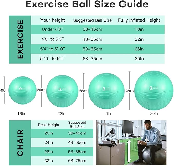 Gruper Yoga Ball, 18-30 Inch Extra Thick Exercise Ball for Workout Fitness Balance, Anti Burst Chair for Home and Office Desk, Includes Hand Pump & Workout Guide Access
