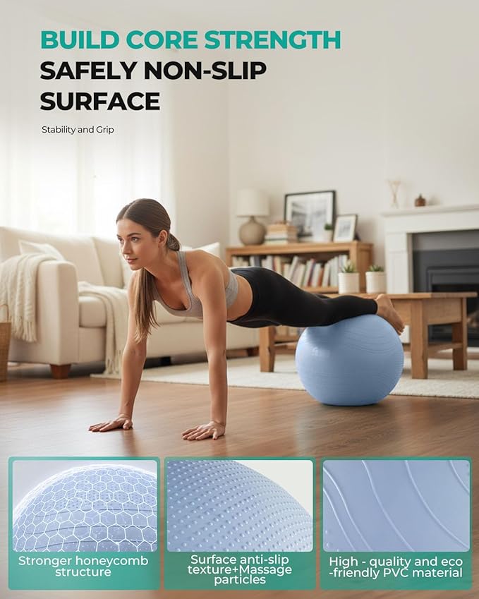 Gruper Yoga Ball, Extra Thick Exercise Ball for Workout Pregnancy Stability - 4 Sizes Anti Burst Balance Ball for Yoga, Pilates, Fitness, Birthing, Physical Therapy - Includes Pump