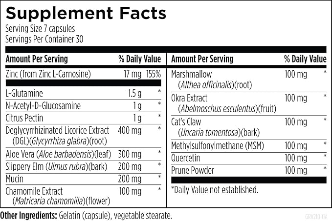 Designs for Health GI Revive - Slippery Elm Gut Health Support with Licorice Root, L-Glutamine + Zinc Carnosine - MSM, Marshmallow Root Powder + Okra Extract (210 Capsules)