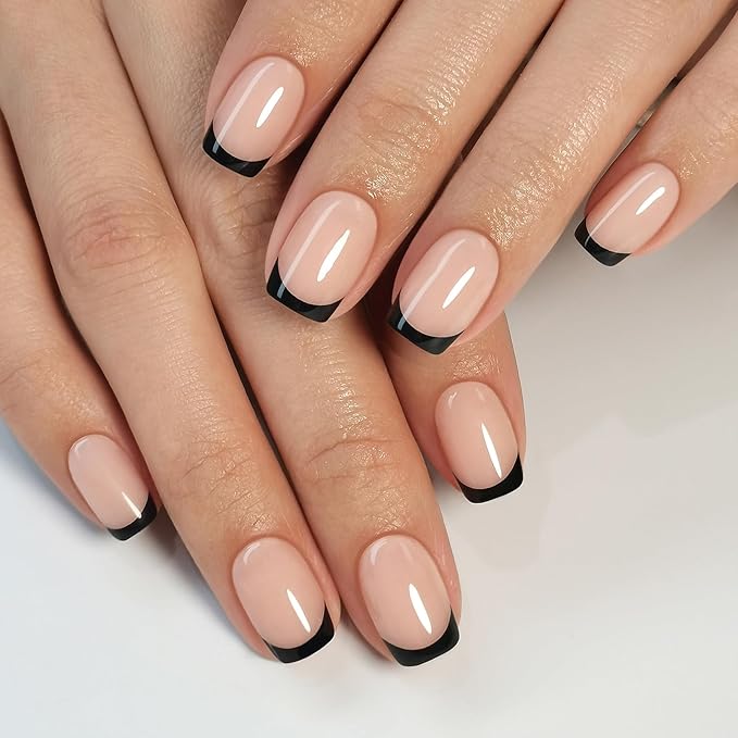 Black French Tip Press on Nails Square - Soft Gel Press on Nails Short, Fit Perfectly & Natural Stick on Nails with Glue in 16 Sizes - 32 Reusable Fake Nails for Women Gift, Black French