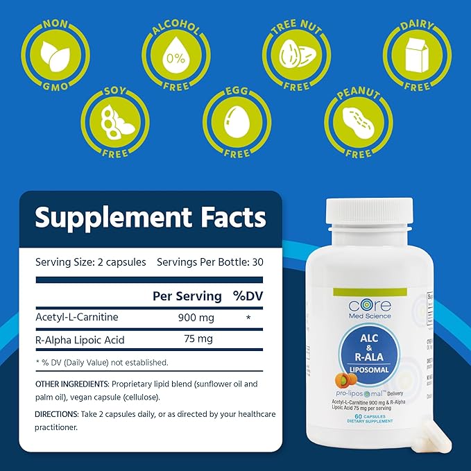Core Med Science Liposomal ALC & R-ALA Supplement Capsules - Acetyl-L-Carnitine (900mg) & R-Alpha Lipoic Acid (75mg) - Promotes Energy & Focus - Supports Mental Function & Memory Cognition (60 Count)