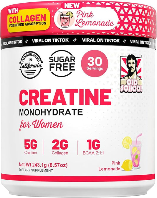 Old School Labs 5g Creatine Monohydrate Powder with Collagen & BCAA ∣ Women's Post-Workout Formula for Muscle Repair & Recovery, Energy & Lean Muscle Support, 30 Servings Pink Lemonade