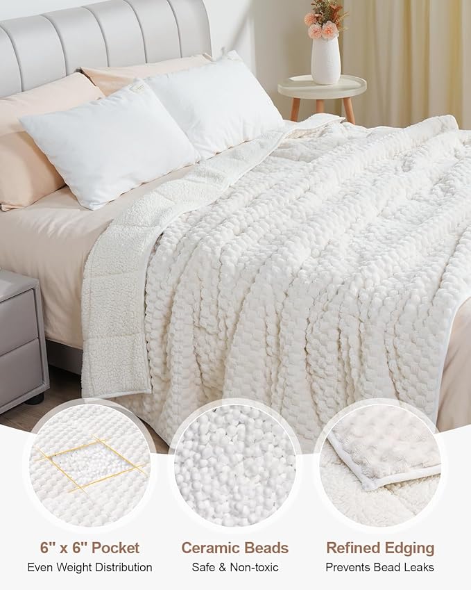 Super Soft Luxury Fleece Sherpa Weighted Blanket 15 lbs for Adults, Turtle Shell Fuzzy Cozy Warm Weighted Throw for Winter, Ceramic Beads Washable Heavy Blankets for Couch Bed, Cream White, 60"x80"