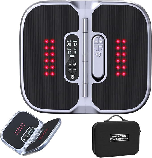 Foldable EMS Foot Massager for Neuropathy with Light, NMES Foot Stmulator, Dual Physiotherapy, Portable Storage Bag and 8 Electrodes, Transcutaneous Electrical Nerve Stimulator