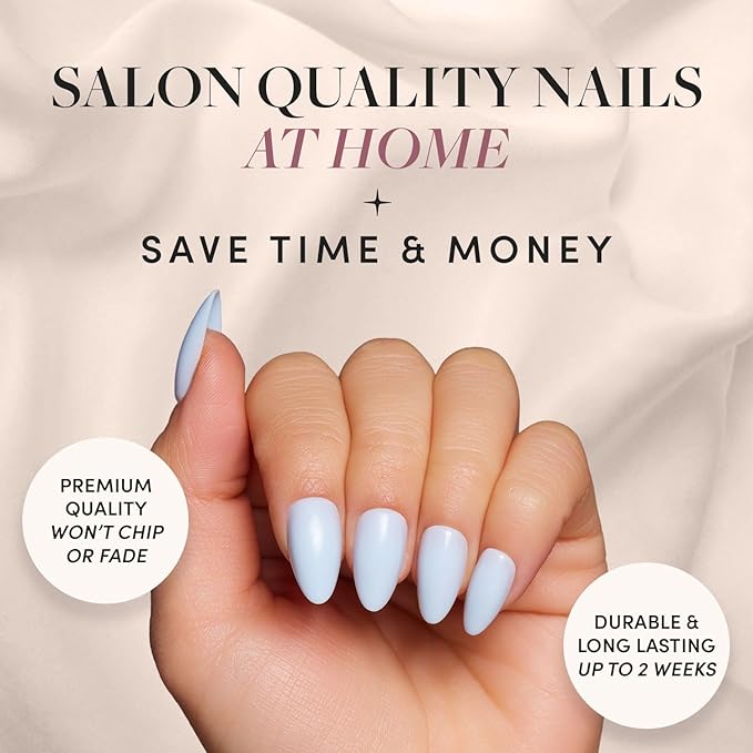 Glamnetic Press On Nails - Blueberry Milk | Solid Opaque Light Blue Short Almond Nails, Salon Quality | 15 Sizes - 30 Nail Kit