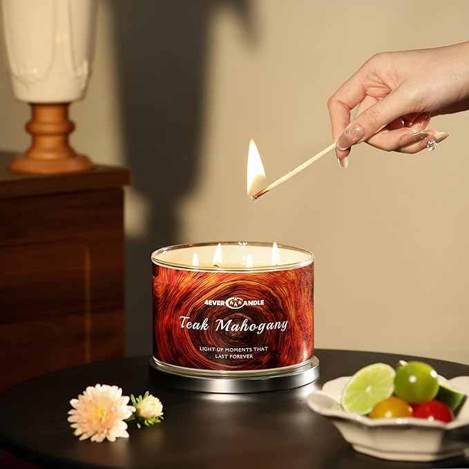 Soy Wax Blend Candle for Home, 4-Wick Candles in Teakwood & Mahogany Scented, Aromatherapy Candles Gift for Parties, Relaxing, Over 50 Hours of Burn Time, 18oz