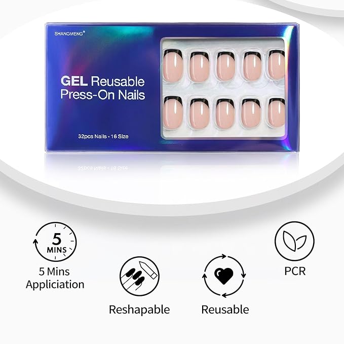 Black French Tip Press on Nails Square - Soft Gel Press on Nails Short, Fit Perfectly & Natural Stick on Nails with Glue in 16 Sizes - 32 Reusable Fake Nails for Women Gift, Black French