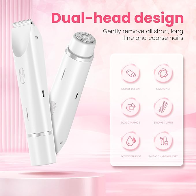 Bikini Trimmer for Women-2 in 1 Dual Head Electric Razors,IPX7 Waterproof Bikini Electric Shaver,Dry & Wet Use Painless Bikini Shaver,Pubic Hair Trimmer for Private Area & Body Hair,White