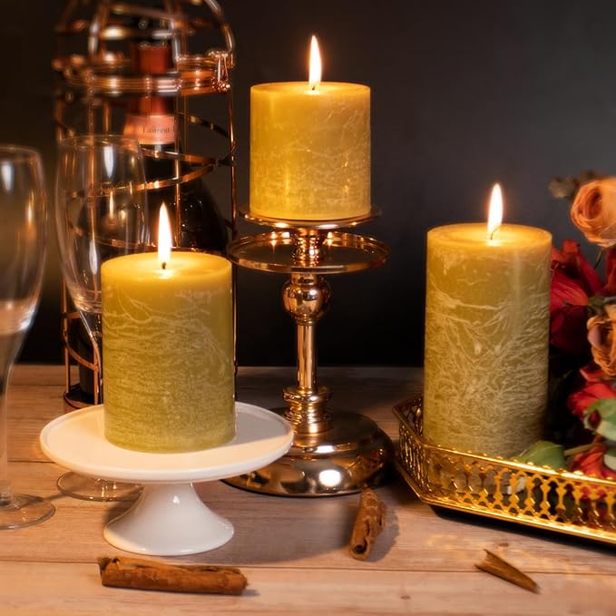 KONNI Wax Yellow Pillar Candles Set of 3, 3"x 3" Unscented Pillar Candles Bulk, 30 Hours Long Burning Candles, Smokeless&Dripless Large Round Candle for Wedding, Home Decoration, Parties, Spas, Dinner