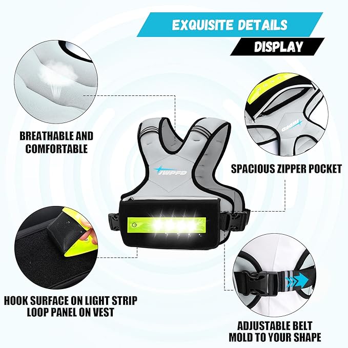 Adjustable Weighted Vest for Women Men, 6-15 Lbs Rucking Vest with LED Light Strips, Weight Vest with 6 Ironsand Weights, and Zipper Pocket for Strength Training, Walking, Running