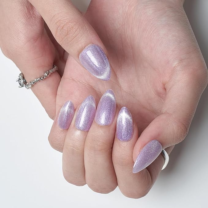 GLAMERMAID French Tip Magnet Cat Eyes Press on Nails Short Almond, Light Purple Handmade Jelly Gel Fake Nail, Ombre Glitter Magnetic Glue on Nail Stiletto, Medium Oval Stick False Nail Set for Women