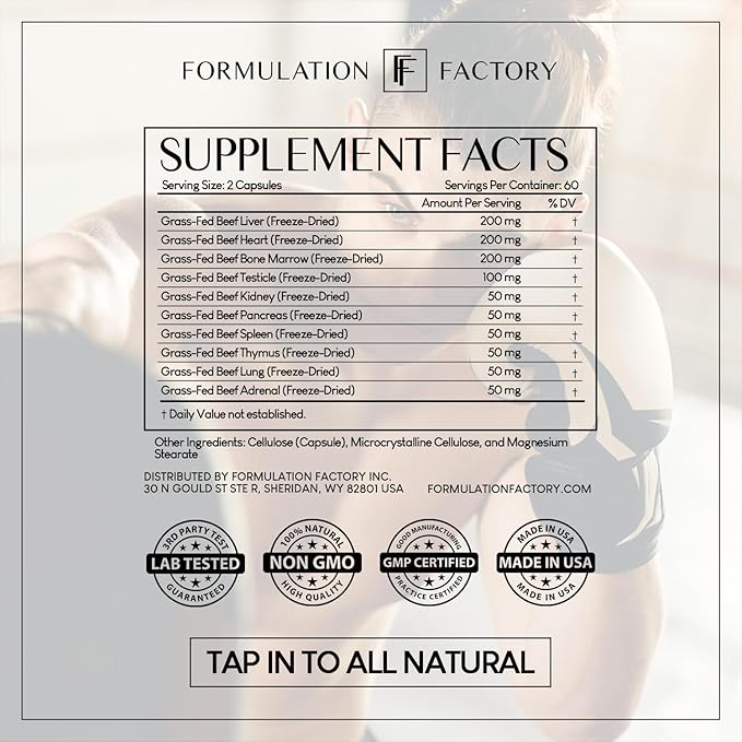 Formulation Factory Primal Power 10-in-1 Grass-Fed Organ Supplement with Beef Liver, Heart, Marrow, Testicle, Kidney, Supports Vitality, Hormones, Energy, Immunity (4 Month Supply, 240 Capsules)