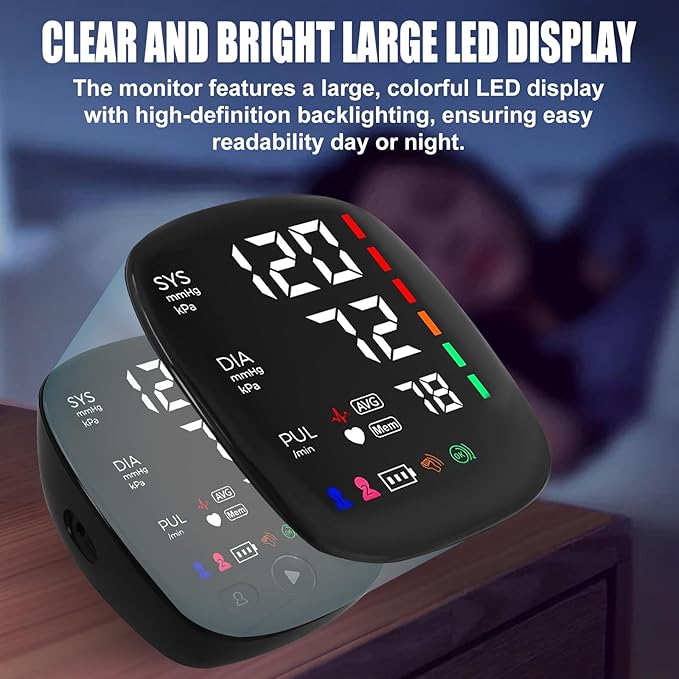 HAQQI Upper Arm Electronic Blood Pressure Monitor,Automatic Accurate Blood Pressure Machine for Home Use with LED Backlit Display Large Cuff Heart Rate Detection 2x120 Records(Black)