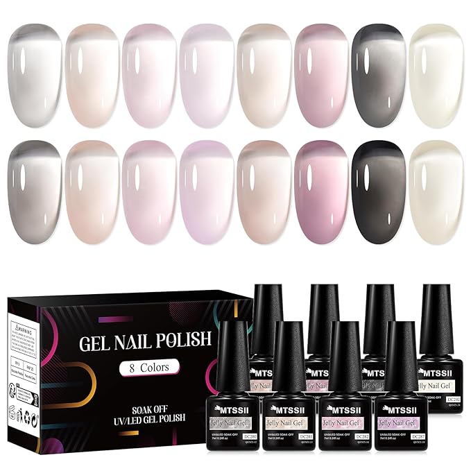 MTSSII 8 Colors Jelly Gel Nail Polish Set, Transparent Nude Pink Black Grey Sheer Nail Polish, UV Gel for Nail Manicure DIY Art Salon Home